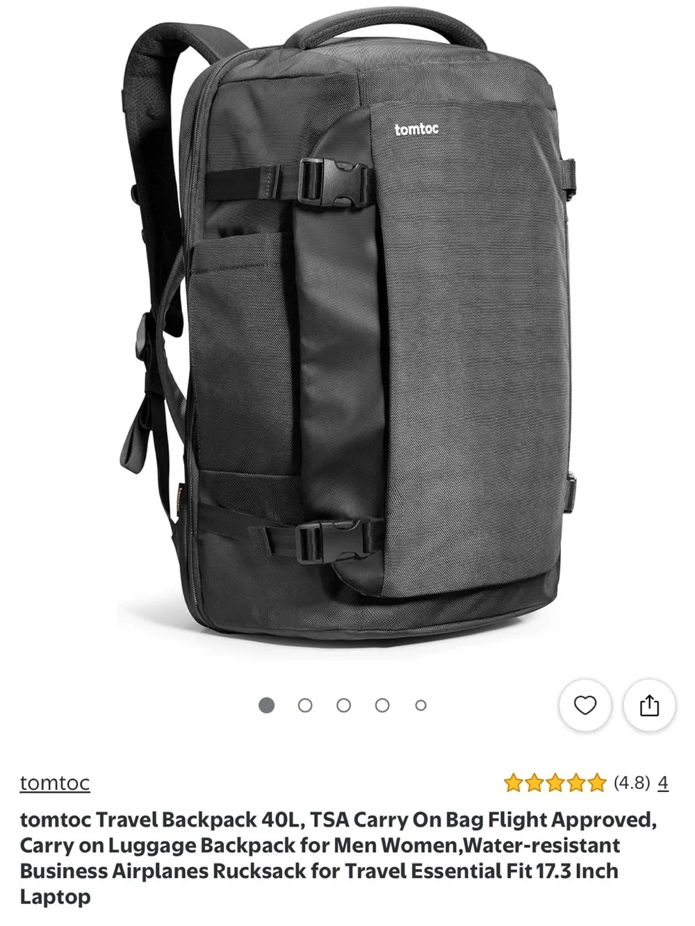 TomTac 40L Travel Backpack for Men — Black